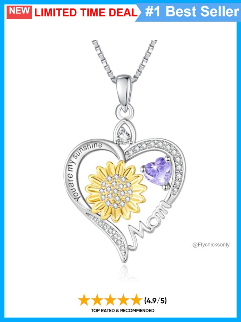 18K White Gold Plated Sunflower Heart Necklace June Birthstone CZ Adjustable